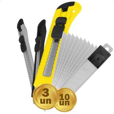 Imagem de Estilete Largo Profissional Com Trava 3 Unidades + 10 Lâminas 0,5mm Aç