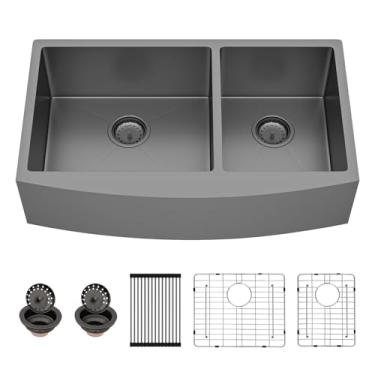 Imagem de Sarlai Pia de fazenda preta, tigela dupla de 83 polegadas - avental de 84 x 53 cm, pia frontal de cozinha, tigela dupla 60/40, aço inoxidável preto, calibre 16, pias de cozinha de fazendeiros