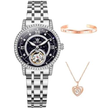 Imagem de OLEVS Relógio feminino automático diamante turbilhão luxo moda aço inoxidável à prova d'água luminoso relógios de pulso para presente feminino ouro rosa/céu estrelado azul/prata, 7036: pulseira