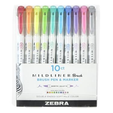 Imagem de Zebra Pen Marcador de pincel Mildliner, pincel de ponta dupla e caneta de ponta fina, cores macias sortidas, pacote com 10