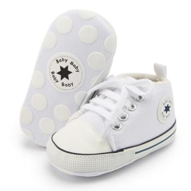 Imagem de KIDSUN Tênis unissex de lona para bebês meninos e meninas, sola macia, cadarço e tornozelo para recém-nascidos, A0_branco_forro de pelúcia, 12-18 Meses