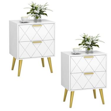Imagem de Mesa de cabeceira branca com 2 gavetas, mesa lateral com pernas douradas, estilo moderno, mesa de cabeceira, gaveta para sala de estar, quarto, MLBZ09WU-2