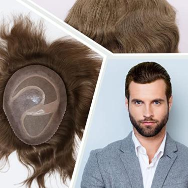 Imagem de Civmo Peruca masculina mono renda com peruca PU para homens 100% sistema europeu de substituição de cabelo humano peruca masculina peruca masculina peruca masculina (#18 cor marrom loiro escuro)