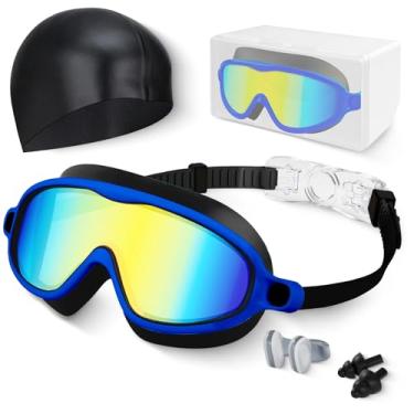 Imagem de Hurdilen Óculos de natação para crianças, antiembaciamento, proteção UV e visão ampla com touca de natação para crianças de 3 a 15 anos, meninos e meninas (azul e preto)