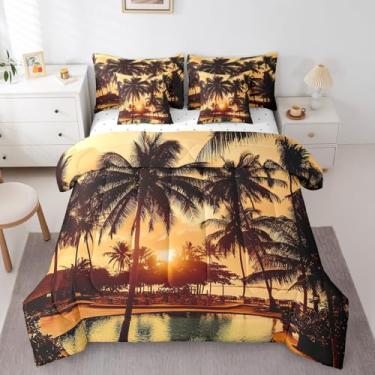 Imagem de jejeloiu Jogo de cama king size com palmeira e folha de palmeira, para meninos, meninas, ilha tropical havaiana, verão, edredom + lençol + fronhas + fronhas
