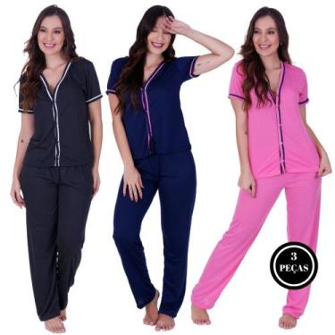 Imagem de Kit 3 Pijama Longo Americano Botão Amamentação -c13 KIT 3 VANESSA PRET