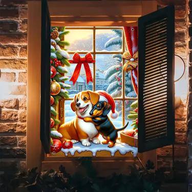 Imagem de BlissYard Banner de janela de Natal 79 x 129 cm lindo chapéu de Papai Noel capa de janela para pendurar no feriado com guirlanda de pinheiro de neve luz quente cena de inverno interior ao ar livre