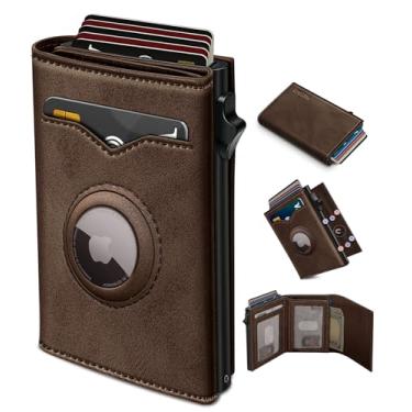 Imagem de miyozi Carteira masculina AirTag, com bolso para dinheiro, 2 janelas para identidade, 9 a 12 cartões, capa de metal inteligente, fina, dobrável para cartão de crédito com fecho magnético, bloqueio de