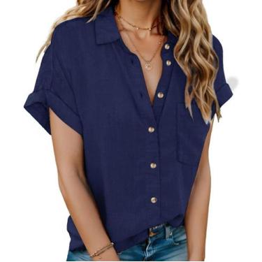 Imagem de Camisa HOTOUCH: linho, algodão, manga curta, decote em V, feminina, az