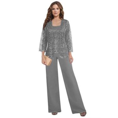 Imagem de Pant Suits Petyoo Grey, 3 peças para mulheres, mãe do noivo