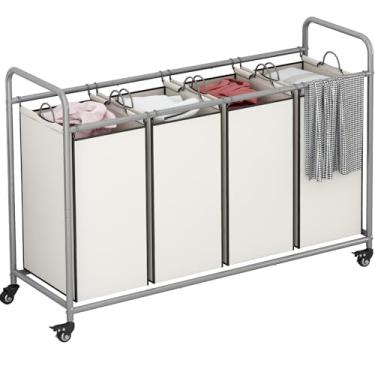 Imagem de Separador de cesto de roupas com 4 seções com rodinhas resistentes e bloqueáveis, sacos removíveis, separador de cesta para armazenamento de roupas sujas, bege