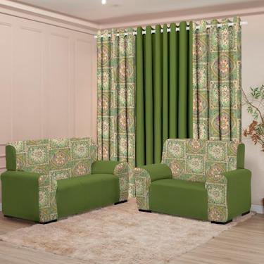 Imagem de Kit Sala com Cortina + Capas de Sofá 2 e 3 Lugares Coladinha Mista (BOHO VERDE)
