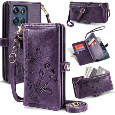 Imagem de Lacass Capa carteira para Motorola Moto G Stylus 2025, [proteção contra roubo de cartões] Suporte de cartão com zíper de couro flip alça de pulso transversal com suporte (floral roxo escuro)
