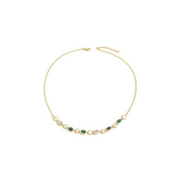 Imagem de Elegante colar de pérolas e cristais, corrente banhada a ouro, pedras verdes e transparentes, 40,6 cm