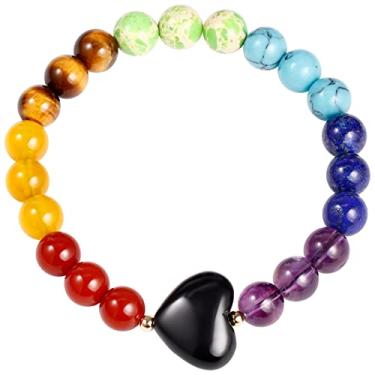 Imagem de Jewever Pulseira feminina de obsidiana preta com cristais de 7 chacras com coração e pedras reais, equilíbrio de pedras, meditação e meditação