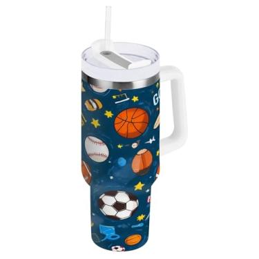Imagem de Caikeny Copos isolados com tampa e canudo esporte basquete 1,134 g copo reutilizável de aço inoxidável padrão de futebol garrafa de água café copo de viagem caneca para mulheres e homens