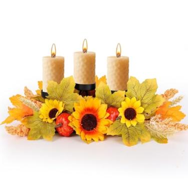 Imagem de Peça central de Ação de Graças com 3 castiçais de centro de mesa de outono para colheita de centro de mesa suporte de vela decorações de outono outono feriado candelabro decorado com flores de