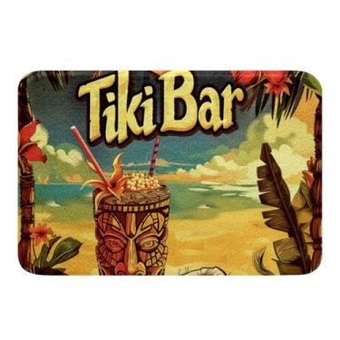Imagem de Erosebridal Tiki Bar Tapete de banheiro 40,6 cm x 61 cm Tapete de banho de praia Havaí antiderrapante para crianças, meninos, meninas, folhas de palmeira tropicais, tapete de porta vermelho hibisco
