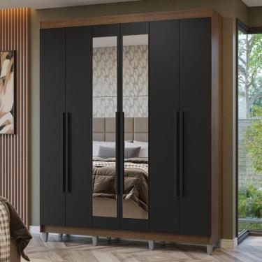 Imagem de Guarda-Roupa Casal com Pés 6 Portas Batentes com Espelho Rustic/Preto/