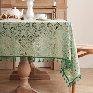 Imagem de LOHUT Toalha de mesa boho de linho, toalha de mesa verde feita à mão em crochê, retangular, floral, com borlas, toalha de mesa vintage para cozinha, jantar, decoração de festa de casamento