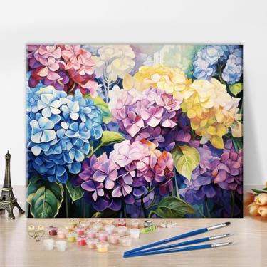 Imagem de Pintura floral por números para adultos, kit de pintura DIY amigável para iniciantes com tela de 40,6 x 50,8 cm, projeto de arte de flores vibrantes, inclui tintas acrílicas e pincéis, atividade
