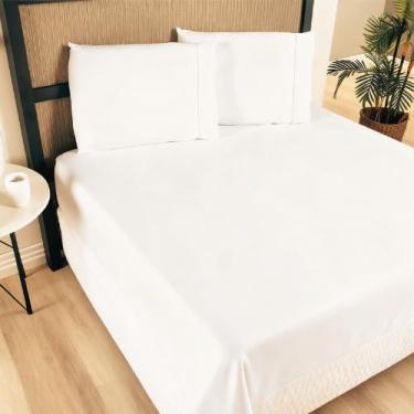 Imagem de Jogo de Cama Casal 100% Algodão 3 Peças Liso Com Elástico Percal 180 Fios Branco Decoração Quarto Decor