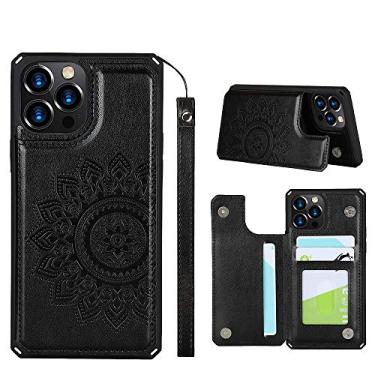 Imagem de ShunJieTech Capa para iPhone 12, capa para iPhone 12 Pro, [porta-cartão de crédito e capa carteira com ranhura] Capa protetora mandala traseira com alça (6,1 polegadas) - preta