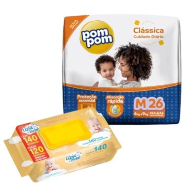 Imagem de Kit 01 Pacote Fraldas Descartáveis PomPom P M G XG + 140 Lenços Toalhas Umedecidos para Bebê UPA (Médio)