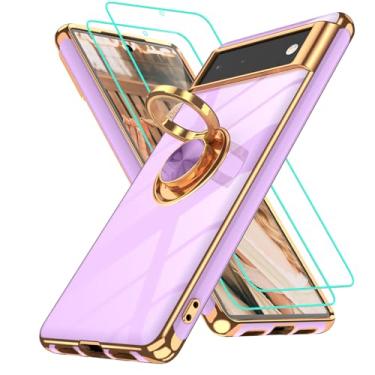 Imagem de Gritup Capa para celular Google Pixel 6: 2 peças, protetor de tela, suporte de anel de rotação de 360°, suporte magnético, borda dourada, capa protetora à prova de choque de TPU macio para telefone