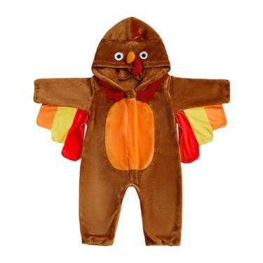 Imagem de GINEVSAL Fantasia infantil de peru para bebês meninas meninos roupas de ação de graças manga comprida animal pelúcia macacão de lã com capuz (bege arenoso, 3-4T)