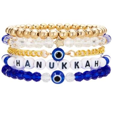 Imagem de Pingyongchang Pulseiras de contas de argila de Hanukkah feitas à mão com contas de menorá da estrela de Davi Dreidel, pulseira elástica para mulheres, olho turco, chanucá judaico, joias, presentes