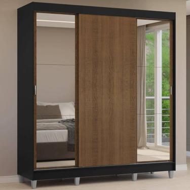 Imagem de Guarda-Roupa Casal com Pés 3 Portas de Correr com Espelhos Preto/Rustic Reno Madesa