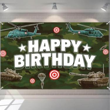 Imagem de HOMETITUTE Bandeira vintage militar de camuflagem militar com tema de feliz aniversário camuflagem helicóptero paraquedas tanque de aniversário com tema militar festa interior exterior fundo 180 x 109