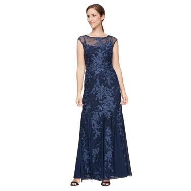 Imagem de Alex Evenings Vestido feminino longo justo e flare mãe da noiva com detalhes Godet (tamanho pequeno e regular), Bordado azul-marinho, 50