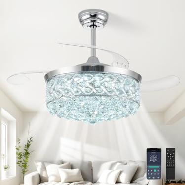Imagem de TXCSLY Lustre de cristal de 106,7 cm, ventilador de teto com luz, lustre retrátil com luzes e controle remoto para quarto, sala de estar, regulável por LED, motor CC silencioso
