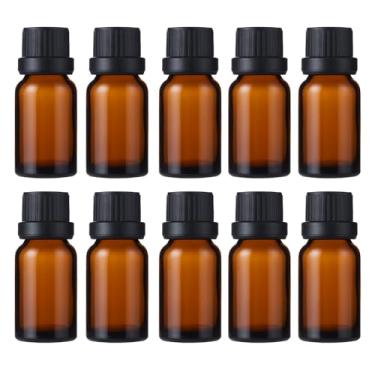 Imagem de 10 pacotes de frascos de óleo essencial de vidro âmbar de 10 ml, frascos conta-gotas recarregáveis com tampas pretas e redutor de orifício, recipientes vazios de amostra para óleos essenciais, perfume