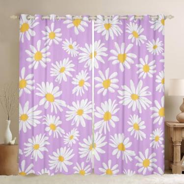 Imagem de Cortinas de janela de margarida de flores silvestres para adolescentes e mulheres adultas, cortinas florais de margaridas roxas para quarto, cortinas de flores de desenho animado para sala de estar