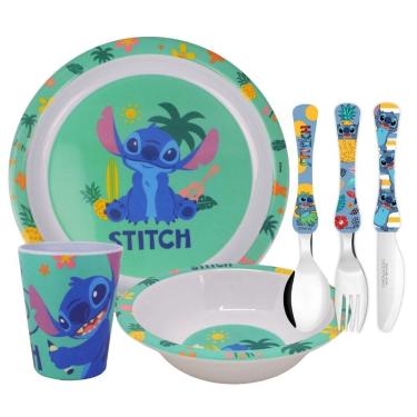 Imagem de Jogo Refeição Infantil Melamina Stitch Disney 6 Peças, Pratos, Copo E Talheres - Tuut