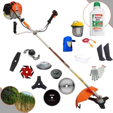 Imagem de Roçadeira Vulcan VR620H À Gasolina 62cc 3HP + Facas 2 Pontas; 40 Dentes; 80 Dentes; 6 Pontas; Trimmer + Escova 38 Cerdas  + Óleo Sthil + KIT EPI