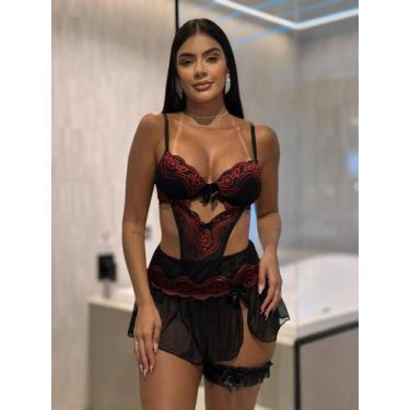 Imagem de Body Com Saia Sensual Lingerie Sexy Presente Dia Dos Namorados Rendada
