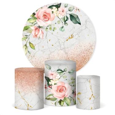 Imagem de Painel De Festa E Capa Cilindro Decoração Subl Flores Mármor