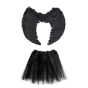 Imagem de Fantasia de Anjo Cupido Malévola Bruxa Infantil Kit C/ Saia Preta 35cm e Asa Preta 45x35cm Festas