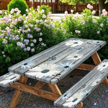 Imagem de Toalha de mesa rústica de margarida para piquenique com capas de banco, floral vintage em tábua de madeira, toalha de mesa de flores azuis para acampamento, ambientes internos e externos, 76 x 182 cm