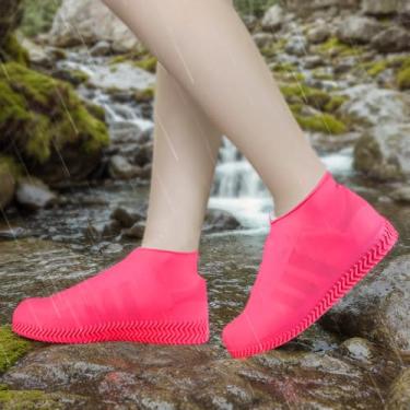 Imagem de 1 par de capas de sapato impermeáveis para chuva, sapatos antiderrapantes reutilizáveis com design de tornozelo alto, protetores de bota, rosa, Large Women/Medium Men