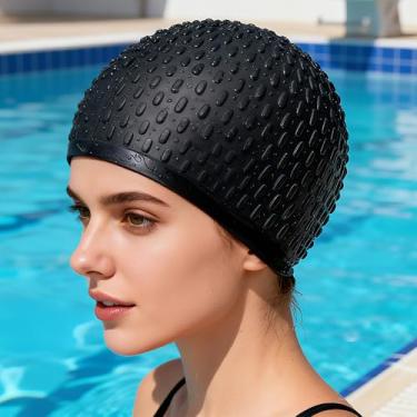 Imagem de Touca de natação de silicone confortável ideal para cabelos cacheados curtos médios longos touca de natação para mulheres e homens, preta