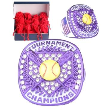 Imagem de TOPSPORTSJEWELRY Pacote com 12 peças de anel de troféu campeão de torneio de softball, equipes de softball, prêmios de jogadores, tamanho 9 (Metal Purple Champions)