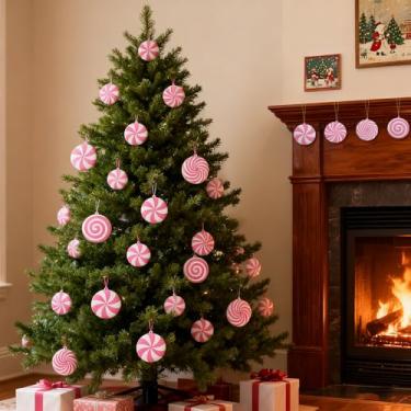 Imagem de 4 peças de enfeites de Natal rosa e branco, enfeites de pirulito de bengala doce de plástico, ideal para enfeites de árvore de Natal e artigos de festa de aniversário e inverno