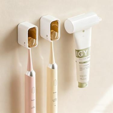 Imagem de Pacote com 2 porta-escovas de dentes com clipe de pasta de dente, suporte de escova de dente elétrico montado na parede com capa, design inovador de slot único, para família de chuveiro e viagens