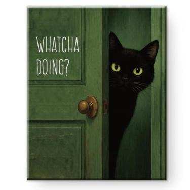 Imagem de Arte de parede de banheiro de gato engraçado - decoração de parede de banheiro verde gato fofo - Whatcha Doing arte engraçada de gatos vintage para banheiro tela emoldurada 20 x 25 cm