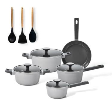 Imagem de jogo com 5 panelas antiaderentes de ceramica indução cinza mou trufa e